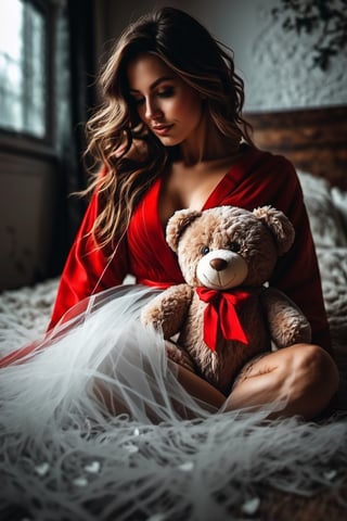 (front focus), (in the dark), hyper-realistic realistic photo, highly detailed faces, 4k, award-winning, in the dark, deep shadow, discreet long wavy hair, best proportion, photo of an attractive and stunning 28 year old woman in a dark environment, dressed in a red robe with transparent lace mesh hearts, posing sensually, ((with a teddy bear)), (( with heart)), (( Text on it, BE MY VALENTINE,)) kneeling , from behind, on all fours, with a seductive look, enjoying the ecstasy of the atmosphere, misty fog in the background, looking coquettishly. to viewer, wide angle, full body, perfect legs, ((detailed perfect skin texture, ))hyperrealism, dark black background, ((discreet)), fog, mist, 8k UHD, DSLR, photorealistic, masterpiece, best quality , depth field, edge light, ((film photography)), ((focus on it)), high quality, film grain, Fujifilm XT3, HD, clear