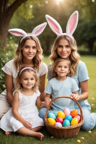 ((masterpiece)),((best quality)),((high detail)),((realistic,)).(((sharp focus))), ((sharp professional photo)),((wide angle shot ) ),A family of dad, mom and their two children, realistically portrayed, ((defined, sharp faces)), ((full body and focused face)), headband with rabbit ears, defined teeth, defined lips, They participate in a captivating interaction ((celebrating Easter)),(( collecting colorful Easter eggs)), in a garden, which takes place in a vibrant rural landscape during the bright hours of the day. The scene is meticulously rendered in high resolution, highlighting the finest details. Captured in a majestic style, the composition features a wide shot that beautifully encompasses the natural play of light, adding a touch of authenticity to the moment. (natural light), ((high depth of field)), 8k, 4K, HDR.(((perfect image))), sharp and detailed eyes, natural beauty, high depth of field, 8k, 4K, HDR. high image quality, (((winning photo))). 8k UHD, DSLR, photorealistic, masterpiece, best quality, depth field, edge light, ((film photography)), ((focus on it)), high quality, film grain, Fujifilm XT3, HD, clear , rebhanna