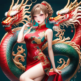  FULL BODY PHOTOSHOOT, oriental GREEN dragon,(girl:1.5),(China dress),(China dress),breast,(cowboy shot portrait:1.3), (wavy ponytail short hair with bangs:1.2), (beautiful light brown thin hair:1.3), (hime cut bangs:1.5), ((centered image)), a stunning beautiful woman, (looking at the viewer:1.3), BREAK, ((dragon dance:1.5)), (looking at the viewer:1.3), (standing with arms behind back:1.4), BREAK, masterpiece, best quality, highres, baeautiful aesthetic, 1girl, JAPANESE hot model, (smile:0.6), wearing ((red cheongsam dress:1.3)), (red theme:1.3), realistic, (narrow waist:1.3), (thin legs:1.3), professional gravure photo, parted lips, glossy juicy lips, pink lips, , perfecteyes eyes.