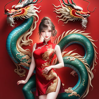  FULL BODY PHOTOSHOOT, oriental GREEN dragon,(girl:1.5),(China dress),(China dress),breast,(cowboy shot portrait:1.3), (wavy ponytail short hair with bangs:1.2), (beautiful light brown thin hair:1.3), (hime cut bangs:1.5), ((centered image)), a stunning beautiful woman, (looking at the viewer:1.3), BREAK, ((dragon dance:1.5)), (looking at the viewer:1.3), (standing with arms behind back:1.4), BREAK, masterpiece, best quality, highres, baeautiful aesthetic, 1girl, JAPANESE hot model, (smile:0.6), wearing ((red cheongsam dress:1.3)), (red theme:1.3), realistic, (narrow waist:1.3), (thin legs:1.3), professional gravure photo, parted lips, glossy juicy lips, pink lips, , perfecteyes eyes.