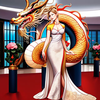  oriental dragon,(girl:1.5),(China dress),(China dress),breast,1 girl, Rosamund Pike inspired, fashion model, tall and thin, thin bra, beauty, blond hair, C cup, big breasts, slender legs, luxury HALL OF wedding ceremony background, wedding dress