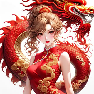  oriental dragon,(girl:1.5),(China dress),(China dress),breast,(cowboy shot portrait:1.3), (wavy ponytail short hair with bangs:1.2), windblown hair, (beautiful light brown thin hair:1.3), (hime cut bangs:1.5), ((centered image)), a stunning beautiful woman, 30 YEAR OLD, (looking at the viewer:1.3), BREAK, ((dragon dance:1.5)), (looking at the viewer:1.3), (standing with arms behind back:1.4), BREAK, masterpiece, best quality, highres, baeautiful aesthetic, 1girl, JAPANESE hot model, looking at viewer:1.3, (smile:0.6), wearing ((red cheongsam dress:1.3)), (red theme:1.3), realistic, (narrow waist:1.3), (thin legs:1.3), professional gravure photo, parted lips, glossy juicy lips, pink lips, , perfecteyes eyes.