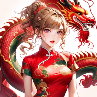  oriental GREEN dragon,(girl:1.5),(China dress),(China dress),breast,(cowboy shot portrait:1.3), (wavy ponytail short hair with bangs:1.2), (beautiful light brown thin hair:1.3), (hime cut bangs:1.5), ((centered image)), a stunning beautiful woman, 35 YEAR OLD, (looking at the viewer:1.3), BREAK, ((dragon dance:1.5)), (looking at the viewer:1.3), (standing with arms behind back:1.4), BREAK, masterpiece, best quality, highres, baeautiful aesthetic, 1girl, JAPANESE hot model, looking at viewer:1.3, (smile:0.6), wearing ((red cheongsam dress:1.3)), (red theme:1.3), realistic, (narrow waist:1.3), (thin legs:1.3), professional gravure photo, parted lips, glossy juicy lips, pink lips, , perfecteyes eyes.