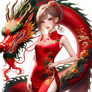  FULL BODY PHOTOSHOOT, oriental GREEN dragon,(girl:1.5),(China dress),(China dress),breast,(cowboy shot portrait:1.3), (wavy ponytail short hair with bangs:1.2), (beautiful light brown thin hair:1.3), (hime cut bangs:1.5), ((centered image)), a stunning beautiful woman, (looking at the viewer:1.3), BREAK, ((dragon dance:1.5)), (looking at the viewer:1.3), (standing with arms behind back:1.4), BREAK, masterpiece, best quality, highres, baeautiful aesthetic, 1girl, JAPANESE hot model, (smile:0.6), wearing ((red cheongsam dress:1.3)), (red theme:1.3), realistic, (narrow waist:1.3), (thin legs:1.3), professional gravure photo, parted lips, glossy juicy lips, pink lips, , perfecteyes eyes.