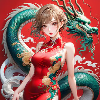  FULL BODY PHOTOSHOOT, oriental GREEN dragon,(girl:1.5),(China dress),(China dress),breast,(cowboy shot portrait:1.3), (wavy ponytail short hair with bangs:1.2), (beautiful light brown thin hair:1.3), (hime cut bangs:1.5), ((centered image)), a stunning beautiful woman, (looking at the viewer:1.3), BREAK, ((dragon dance:1.5)), (looking at the viewer:1.3), (standing with arms behind back:1.4), BREAK, masterpiece, best quality, highres, baeautiful aesthetic, 1girl, JAPANESE hot model, (smile:0.6), wearing ((red cheongsam dress:1.3)), (red theme:1.3), realistic, (narrow waist:1.3), (thin legs:1.3), professional gravure photo, parted lips, glossy juicy lips, pink lips, , perfecteyes eyes.