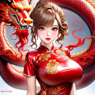  oriental dragon,(girl:1.5),(China dress),(China dress),breast,(cowboy shot portrait:1.3), (wavy ponytail short hair with bangs:1.2), windblown hair, (beautiful light brown thin hair:1.3), (hime cut bangs:1.5), ((centered image)), a stunning beautiful and busty woman, 20yo, (looking at the viewer:1.3), BREAK, ((dragon dance:1.5)), (looking at the viewer:1.3), (standing with arms behind back:1.4), BREAK, masterpiece, best quality, highres, baeautiful aesthetic, 1girl, Korean hot model, looking at viewer:1.3, (smile:0.6), wearing ((red latex cheongsam dress:1.3)), (red theme:1.3), realistic, busty, (sagging breasts:1.37), (huge breasts:1.37), (narrow waist:1.3), (thin legs:1.3), professional gravure photo, parted lips, glossy juicy lips, pink lips, , Realism, photo of perfecteyes eyes