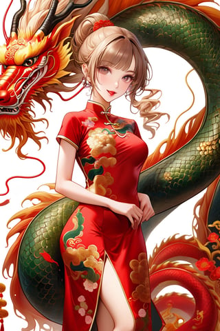  FULL BODY PHOTOSHOOT, oriental GREEN dragon,(girl:1.5),(China dress),(China dress),breast,(cowboy shot portrait:1.3), (wavy ponytail short hair with bangs:1.2), (beautiful light brown thin hair:1.3), (hime cut bangs:1.5), a stunning beautiful woman, (looking at the viewer:1.3), BREAK, ((dragon dance:1.5)), (looking at the viewer:1.3), (standing with arms behind back:1.4), BREAK, masterpiece, best quality, highres, baeautiful aesthetic, 1girl, JAPANESE hot model, (smile:0.6), wearing ((red cheongsam dress:1.3)), (narrow waist:1.3), (thin legs:1.3), professional gravure photo, parted lips, glossy juicy lips, pink lips,
