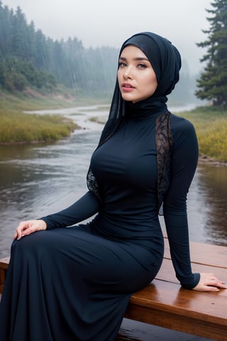 girl in full hijab, (masterpiece, best quality, high resolution, realistic, intricate detail:1.2), (detail light:1.2), edge lighting, close-up portrait, shot on sony a7000, (seductive style, pin-up, sexy, elegant: 1.2 ), (calm colors: 1.2), 1 woman, 30 years old, perfect body posture, wearing hijab, wet clothes, shiny skin, (ong dress with long sleeves: 1.2), (random long dress color), sitting on a wooden bench, (arms behind the back:1.2), (rainy, dewy, foggy:1.2), (wilderness background:1.4)  edgOrgasm,face focus,, woman with edgOrgasm_face,SDXL, orgasm face