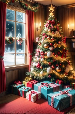 Christmas tea, window overlooking a magical forest, curtains on the window, magic, Christmas background, Mysterious, Mysterious,Christmas Room,Santa Claus