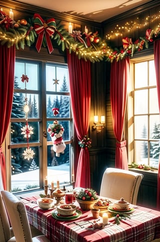 Christmas tea, window overlooking a magical forest, curtains on the window, magic, Christmas background, Mysterious, Mysterious,Christmas Room,Santa Claus