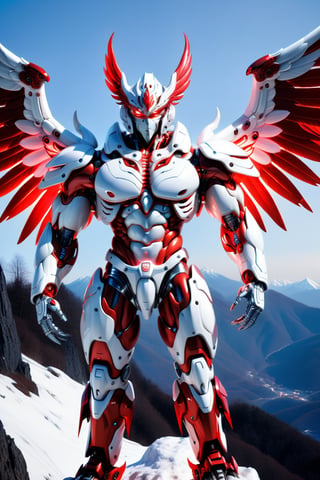 [a merger between a big winged garuda, cyborg face] and [a white and red lighting translucent phantom ] robo, stocky and strong body, big muscles, standing pose with his back to the camera on the top of a mountain, frostracetech,robot,more detail XL, humanoid cyborg style, framing: ground level,frontal,full_body,