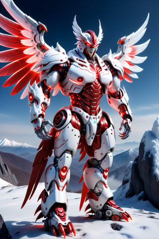 [a merger between a winged garuda, cyborg face] and [a white and red lighting translucent phantom ] robo, stocky and strong body, big muscles, standing pose with his back to the camera on the top of a mountain, frostracetech,robot,more detail XL, humanoid cyborg style, framing: ground level,frontal,full_body,