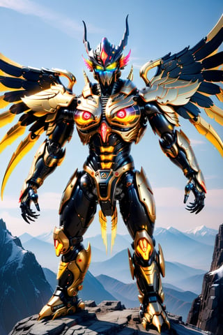 [a merger between a winged garuda, cyborg face] and [a black gold lighting translucent phantom ] robo, stocky and strong body, big muscles, standing on the top of a mountain, frostracetech,robot,more detail XL, humanoid cyborg style, framing: ground level,frontal,full_body, chromatic neon