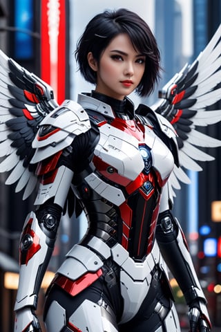 masterpiece, best quality, 1 30 year old girl, big wings of amor god,close up, black hair, short hair one side facing up, future city background, robot eyes, black eyes,shiny white and red color armor, leging,CyberskullAI,cyborg style,16k,UHD,realistic,artistic futuristic,neon,framing : (close up),frontal,looking_at_viewer,focus on face