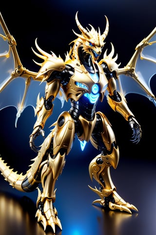 [a merger between a winged dragon] and [a gold black lighting translucent phantom ] robot,open mouth, frostracetech,robot,more detail XL,cyborg style, framing: ground level angle,frontal
