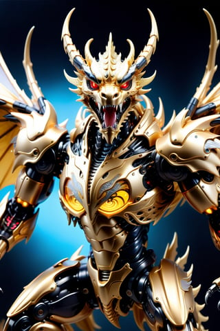 [a merger between a winged dragon,huang long dragon face] and [a gold black lighting translucent phantom ] robot,open mouth and Sharp teeth, stocky and strong body, big muscles, frostracetech,robot,more detail XL, humanoid cyborg style, framing: ground level angle,frontal
