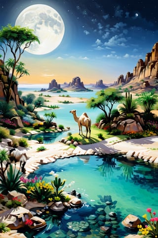 there is a hut and a white camel and its two calves,1girl with hijab , a girl 30yo very beautiful,masterpiece oil painting,An oasis in the middle of the desert with clear bluish green water, there is a big spring, rocks can be seen in the water, there are big acasia tree,cactus and shrubs around the oasis, colorful flowers are around it, the rocks are neatly arranged, birds are above and drinking water, someone is sitting with a happy face on the edge of the oasis looking at the clear water,The atmosphere at night is brightly lit by the light of the full moon, 16k,uhd,more detail XL,Extremely Realistic