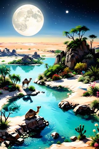 there is a hut and a white camel and its two calves,1girl with hijab ,masterpiece oil painting,An oasis in the middle of the desert with clear bluish green water, there is a big spring, rocks can be seen in the water, there are big acasia tree,cactus and shrubs around the oasis, colorful flowers are around it, the rocks are neatly arranged, birds are above and drinking water, someone is sitting with a happy face on the edge of the oasis looking at the clear water,The atmosphere at night is brightly lit by the light of the full moon, 16k,uhd,more detail XL,Extremely Realistic