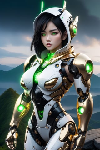 1girl, Indonesia Beauty asian face, solo, looking at viewer, black hair, hood, lips,cute chubby, bodysuit, glowing, ground vehicle, green eyes, motor vehicle, hood up, cyborg,phantom,gold and white lighting,robo, stocky and strong body, big muscles, standing pose on the top of a mountain, frostracetech,robot,more detail XL, humanoid cyborg style, framing: (knee level angle,lighting during the day), full_body, chromatic_aberration,