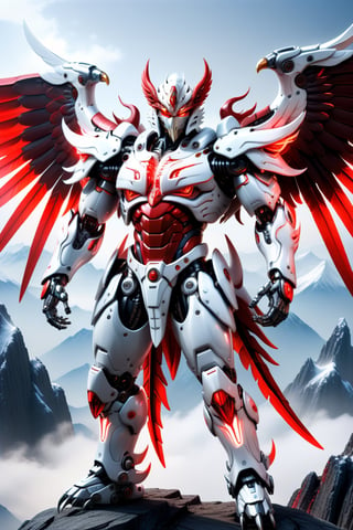 [a merger between a big winged garuda, cyborg face] and [a white and red lighting translucent phantom ] robo, stocky and strong body, big muscles,holding a sword in his right hand and a shield in his left, standing pose with his back to the camera on the top of a mountain, frostracetech,robot,more detail XL, humanoid cyborg style, framing: ground level,frontal,full_body,