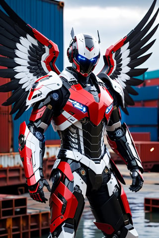 masterpiece, best quality, 1boy 37 yo, angel amor big wings, dynamic pose in shipyard, black hair short hair one side up, robot eyes, black eyes, red white lightning armor , CyberskullAI ,cyborg style,16k, UHD,realistic,neon