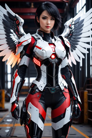 masterpiece, best quality, 1girl 30 yo, angel amor big wings, dynamic pose in shipyard, black hair short hair one side up, robot eyes, black eyes, red white lightning armor ,leging, CyberskullAI ,cyborg style,16k, UHD,realistic,artistic futuristic,neon,framing: knee level angle,frontal,looking_at_viewer,focus at the face