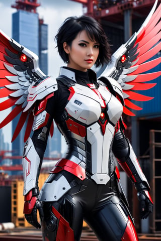 masterpiece, best quality, 1girl 30 yo, angel amor big wings, dynamic pose in shipyard, black hair short hair one side up, background a future city,robot eyes, black eyes, red white lightning armor ,leging, CyberskullAI , cyborg style,16k, UHD,realistic,artistic futuristic,neon,framing: medium long shot,frontal,looking_at_viewer,focus at the face
