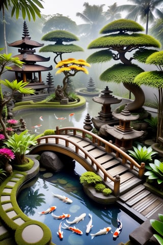beautiful Balinese garden photography, there is a koi fish pond with the edges of the pond made of small colorful stones, very beautiful and complicated bonsai, curved paths and stairs made of small colorful stones, Balinese style carved wooden hall, Balinese style carvings