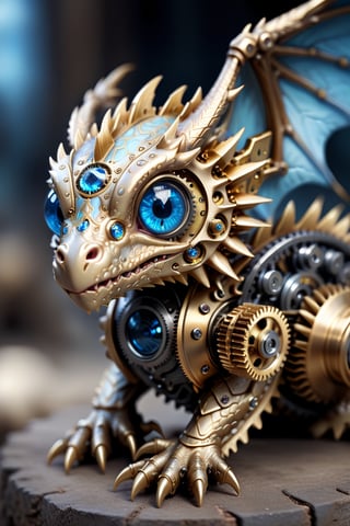 photography, little dragon, blue eyes, wings, blurry, no humans, gem, dragon, gold, gears,
ultra realistic,uhd,8k,real life,