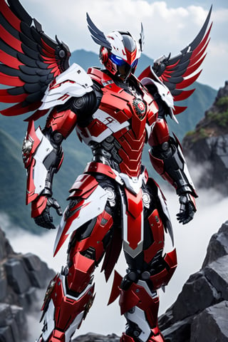 masterpiece, best quality, 1boy 37 yo, angel death, dynamic pose in shipyard, black hair short hair one side up, robot eyes, black eyes, red white lightning armor , CyberskullAI ,cyborg style
[a merger between a big winged garuda, cyborg face] and [a white and red lighting translucent phantom ] robo, stocky and strong body, big muscles,carrying a large sword in his right hand, standing pose with his back to the camera on the top of a mountain, frostracetech,robot,more detail XL, humanoid cyborg style, framing: ground level,frontal,full_body,