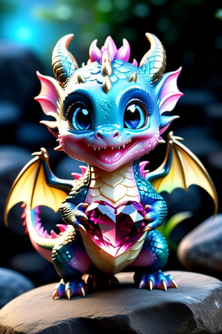 photography full body of a baby dragon, solo, adorable and sincere face shape, big eyes,chubby,shows a large pink heart-shaped gemstone,  held in two hands to the viewer, standing on a rock with a shape and color like a lotus flower, smile looking at viewer, blue eyes, jewelry, no humans, black background, gem, claws, animal focus, gold,more detail XL,Extremely Realistic,uhd,8k,real life, chromatic_aberration, chromatic neon, cinematic, lighting, full body,baby face smiled,close mouth,balanced wings