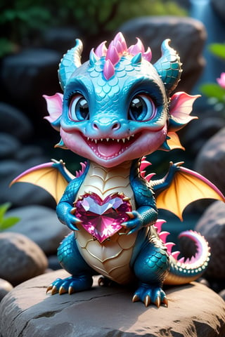 photography full body of a baby dragon, solo, adorable and sincere face shape, big eyes,chubby,shows a large pink heart-shaped gemstone,  held in two hands to the viewer, standing on a rock with a shape and color like a lotus flower, smile looking at viewer, blue eyes, jewelry, no humans, black background, gem, claws, animal focus, gold,more detail XL,Extremely Realistic,uhd,8k,real life, chromatic_aberration, chromatic neon, cinematic, lighting, full body,baby face smiled,close mouth,balanced wings