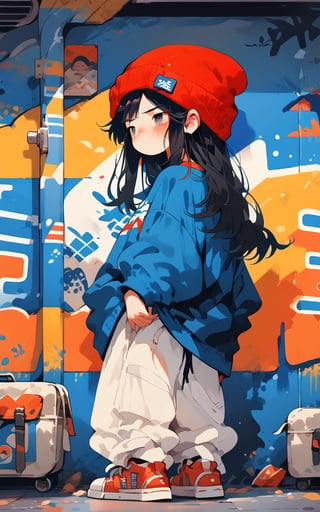 score_9,score_8_up,score_7_up,A girl , look back.Red beanie, blue T-shirt, white pants,with long hair, alone, looking tired ,full body,sider view,long shot ,Black hair,Graffiti Train Background,raking light,contour drawing, --ar 3:4 --niji 5 --5
180