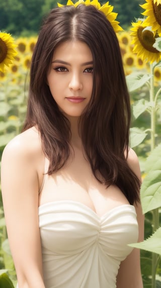  A beautiful woman. Sunflower field. Best Quality, Crazy Details and Sharp Focus, Masterpiece, Professional, Award Winning, Fine Detail, High Detail, UHD, 64k, Soft Look