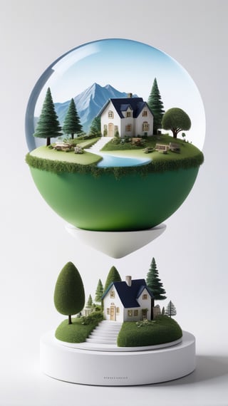 (best quality), (4k resolution), creative illustration of a miniature world on a white pedestal. The world is a green sphere with various natural and artificial elements. There is a river, trees, mountains, and a small house on the sphere. The image has a minimalist style with a light color palette that creates a contrast with the white background. The image gives a sense of wonder and curiosity about the tiny world and its inhabitants.,ff14bg,High detailed
