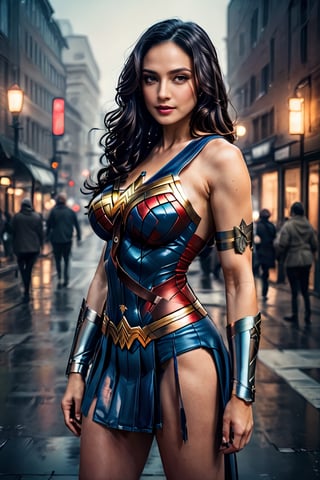 photo realistic, full body wonder woman, dressed in a very tight wonder woman outfit, black hair, long wavy hair (tetradic colors), no mask, night city background, inkpunk, full shot, cel-shading style, centered image, ultra detailed illustration, ink lines, strong contours, art nouveau, MSchiffer art, bold strokes, no frame, high contrast, cellular shading, vector, 32k resolution, best quality, procreation, watercolor technique, poster design, 300dpi, soft lighting, ethereal art, mysterious and serene expression, charming atmosphere, bokeh, photography, 8k, dark and dynamic action, pale faded style, dreamy nostalgic, soft focus, dark vignetting, light leaks, medium photography, art painting of shadows, ethereal photography, whimsical and rough grain