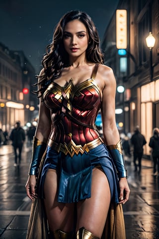 photo realistic, full body wonder woman, dressed in a very tight wonder woman outfit, black hair, long wavy hair (tetradic colors), no mask, night city background, inkpunk, full shot, cel-shading style, centered image, ultra detailed illustration, ink lines, strong contours, art nouveau, MSchiffer art, bold strokes, no frame, high contrast, cellular shading, vector, 32k resolution, best quality, procreation, watercolor technique, poster design, 300dpi, soft lighting, ethereal art, mysterious and serene expression, charming atmosphere, bokeh, photography, 8k, dark and dynamic action, pale faded style, dreamy nostalgic, soft focus, dark vignetting, light leaks, medium photography, art painting of shadows, ethereal photography, whimsical and rough grain