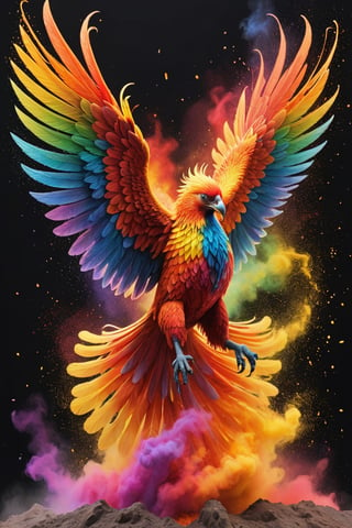 A blazing phoenix is flying in the sky, its entire body surrounded by flames.
The background shows rainbow-colored powder spreading like an explosion. 
It is so ridiculous that it is hard to distinguish the front,

Ultra-detailed, ultra-realistic, Ultra clear, full body shot, Distant view,