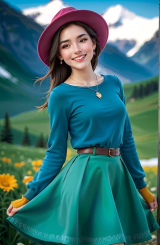  22years old girl, Wildflowers, a harbinger of spring, are in full bloom on a sunny hill with the snow-capped winter mountains in the background. bright smile, The hat is random, the necklace is random, the earrings are random, the color and style of the top are random, and the style and color of the skirt are random, and the shoes are random, pose is random.  full body shot, 

