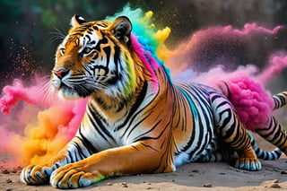 The appearance of colorful and colorful tiger.
The background shows rainbow-colored powder spreading like an explosion.
It is so ridiculous that it is hard to distinguish the front,

only asian dragon, Ultra close-up photography, Ultra-detailed, ultra-realistic, full body shot, 