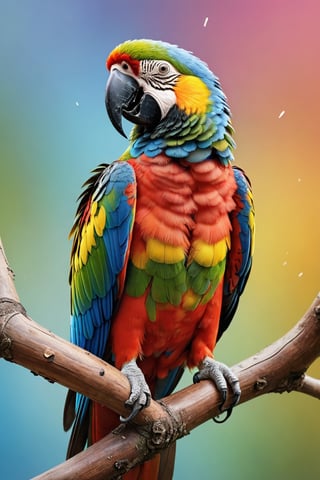 The appearance of colorful and colorful parrot sitting on a tree branch.
The background shows rainbow-colored powder spreading like an explosion. 
It is so ridiculous that it is hard to distinguish the front,

Ultra-detailed, ultra-realistic, Ultra clear, full body shot, 