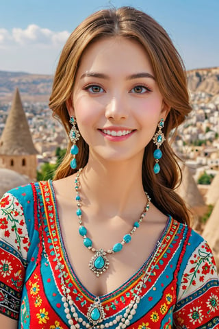 (1 22yo beauy girl), best quality, 8k, masterpiece, focus, perfect body beauty, highly detailed face and skin texture, delicate eyes, double eyelids, whitened skin,  Young beauty spirit, (bright smile), 
((The hair style and color is random, the necklace is random, the earrings are random, clothes style and color and pattern is random,  and the shoes are random, pose is random)). ((The background is randomly selected from famous tourist attractions in Cappadocia in Turkye)), The overall atmosphere is bright and colorful.
Ultra-clear, ultra-detailed, ultra-realistic, (((full body shot))), ,photo_b00ster