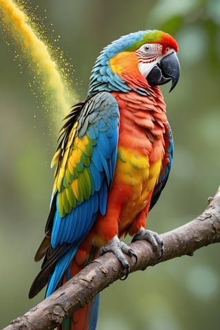 The appearance of colorful and colorful parrot sitting on a tree branch.
The background shows rainbow-colored powder spreading like an explosion. 
It is so ridiculous that it is hard to distinguish the front,

Ultra-detailed, ultra-realistic, Ultra clear, full body shot, 