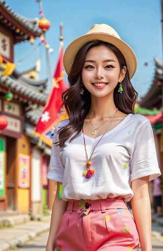  22years old girl, bright smile, The atmosphere of the image is very bright and colorful.
The hat is random, the necklace is random, the earrings are random, clothes are random,  and the shoes are random, pose is random. The background is made up of random landmarks from around the world, full body shot, 
,LinkGirl,korean girl,Wonder of Beauty,kwon-nara