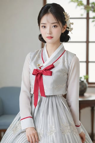 (1 23yo Korean star with royal sister style), ((best quality, 8k, masterpiece: 1.3)), focus: 1.2, perfect body beauty: 1.4, (smile: 1.2), (old palace in korea: 1.5), highly detailed face and skin texture, delicate eyes, double eyelids, whitened skin, (air bangs: 1.3), (round face: 1.5), hanbok (top light gray flower and white gold floral pattern sleeveless silk jeogori, ((intense white and light gray stripes silk very short skirt: 1.2)), The goreum of the jeogori is light red:1.6), Lucky bag and norigae on the waist, Korea hanbok style, Top and bottom completely separated, random model pose, Head size in proportion to the body, Young beauty spirit, inkGirl, Hanbok, clear border, Clothing made of very thin silk, full body shot, FilmGirl, xxmix_girl, kwon-nara, cutegirlmix,cutegirlmix,kwon-nara, Asian Girl, Asian Woman