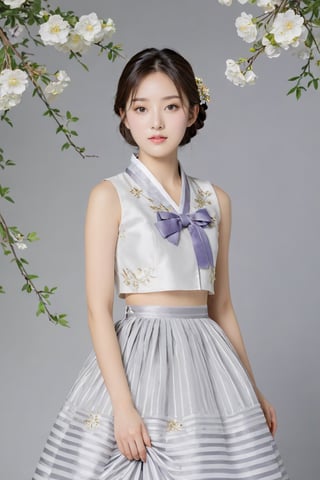 (1 23yo Korean star with royal sister style), ((best quality, 8k, masterpiece: 1.3)), focus: 1.2, perfect body beauty: 1.4, (smile: 1.2), (old palace in korea: 1.5), highly detailed face and skin texture, delicate eyes, double eyelids, whitened skin, (air bangs: 1.3), (round face: 1.5), hanbok (top light gray flower and white gold floral pattern sleeveless silk jeogori, ((intense white and light gray stripes silk very short skirt: 1.2)), The goreum of the jeogori is light purple:1.4), Lucky bag and norigae on the waist, Korea hanbok style, Top and bottom completely separated, random model pose, Head size in proportion to the body, Young beauty spirit, inkGirl, Hanbok, clear border, Clothing made of very thin silk, full body shot, FilmGirl, xxmix_girl, kwon-nara, cutegirlmix,cutegirlmix,kwon-nara, Asian Girl, Asian Woman