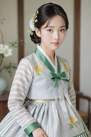 (1 23yo Korean star with royal sister style), ((best quality, 8k, masterpiece: 1.3)), focus: 1.2, perfect body beauty: 1.4, (smile: 1.2), (old palace in korea: 1.5), highly detailed face and skin texture, delicate eyes, double eyelids, whitened skin, (air bangs: 1.3), (round face: 1.5), hanbok (top light gray flower and white gold floral pattern sleeveless silk jeogori, ((intense white and light gray stripes silk very short skirt: 1.2)), The goreum of the jeogori is light green:1.4), Lucky bag and norigae on the waist, Korea hanbok style, Top and bottom completely separated, random model pose, Head size in proportion to the body, Young beauty spirit, inkGirl, Hanbok, clear border, Clothing made of very thin silk, full body shot, FilmGirl, xxmix_girl, kwon-nara, cutegirlmix,cutegirlmix,kwon-nara, Asian Girl, Asian Woman