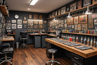 Inside the tattoo shop, there is a workbench, various tattoo equipment, and various tattoo samples hanging on a line.
Ultra-detailed, ultra-realistic, Ultra clear, full body shot, Ultra close-up photography