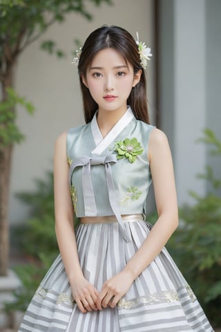 (1 23yo Korean star with royal sister style), ((best quality, 8k, masterpiece: 1.3)), focus: 1.2, perfect body beauty: 1.4, (smile: 1.2), (old palace in korea: 1.5), highly detailed face and skin texture, delicate eyes, double eyelids, whitened skin, (air bangs: 1.3), (round face: 1.5), hanbok (top light gray flower and white gold floral pattern sleeveless silk jeogori, ((intense white and light gray stripes silk very short skirt: 1.2)), The goreum of the jeogori is light green:1.4), Lucky bag and norigae on the waist, Korea hanbok style, Top and bottom completely separated, random model pose, Head size in proportion to the body, Young beauty spirit, inkGirl, Hanbok, clear border, Clothing made of very thin silk, full body shot, FilmGirl, xxmix_girl, kwon-nara, cutegirlmix,cutegirlmix,kwon-nara, Asian Girl, Asian Woman