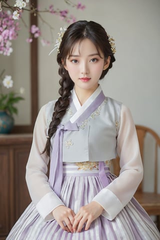 (1 23yo Korean star with royal sister style), ((best quality, 8k, masterpiece: 1.3)), focus: 1.2, perfect body beauty: 1.4, (smile: 1.2), (old palace in korea: 1.5), highly detailed face and skin texture, delicate eyes, double eyelids, whitened skin, (air bangs: 1.3), (round face: 1.5), hanbok (top light gray flower and white gold floral pattern sleeveless silk jeogori, ((intense white and light gray stripes silk very short skirt: 1.2)), The goreum of the jeogori is light purple:1.4), Lucky bag and norigae on the waist, Korea hanbok style, Top and bottom completely separated, random model pose, Head size in proportion to the body, Young beauty spirit, inkGirl, Hanbok, clear border, Clothing made of very thin silk, full body shot, FilmGirl, xxmix_girl, kwon-nara, cutegirlmix,cutegirlmix,kwon-nara, Asian Girl, Asian Woman
